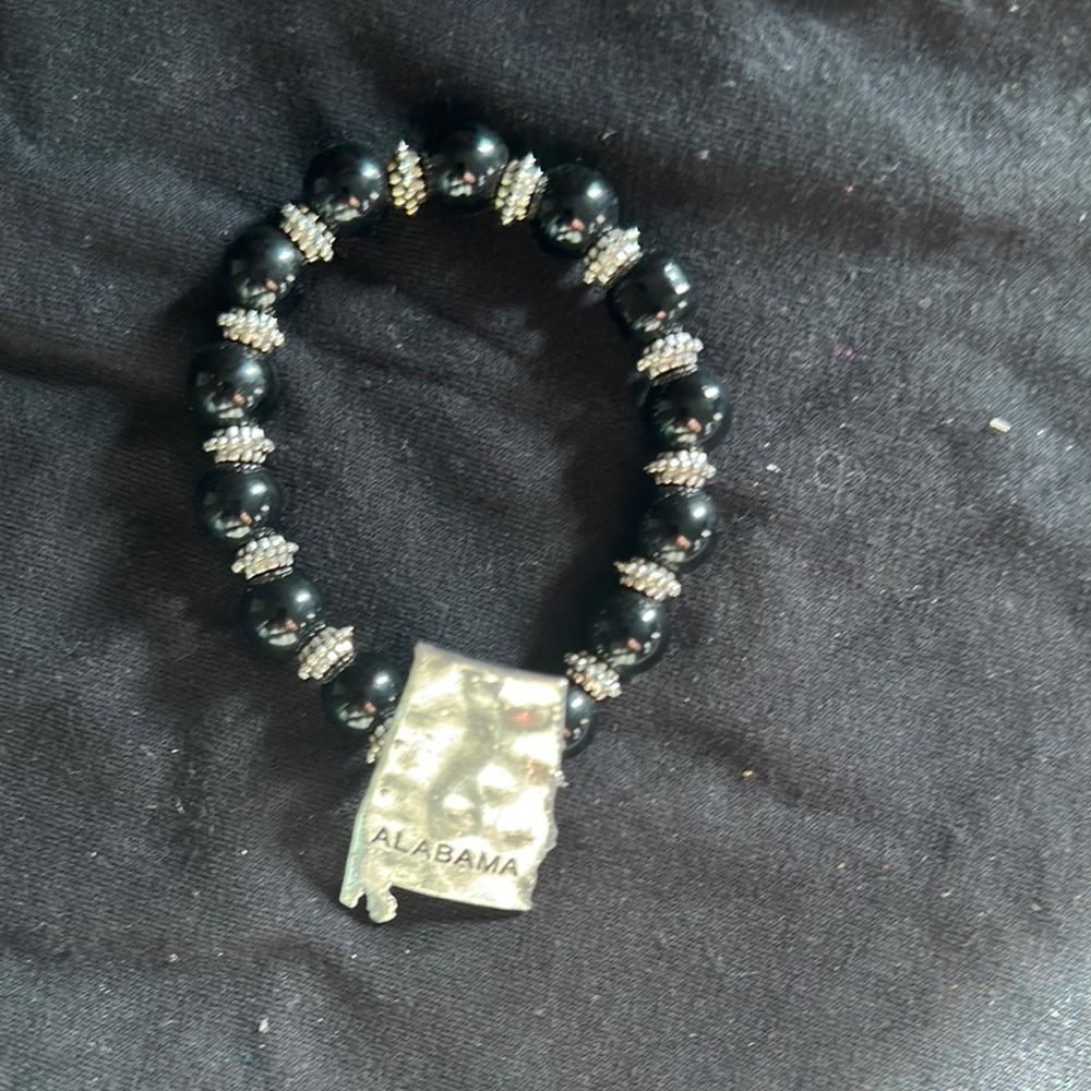 Black Beaded Bracelet with Silver Alabama Charm